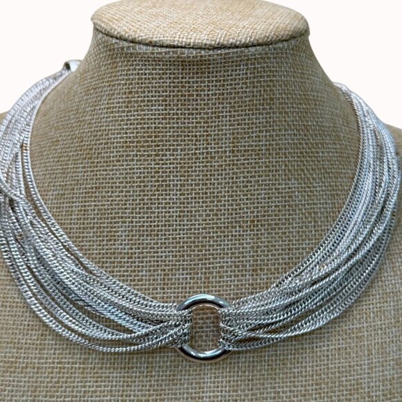 Multi-Strand Silver-Tone Chain Necklace With Polished Ring - Picture 1 of 14